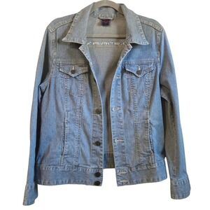 Worn Jeans Indie Chic Blue White‎ Fine Pinstripe Denim Trucker Jacket Womens M